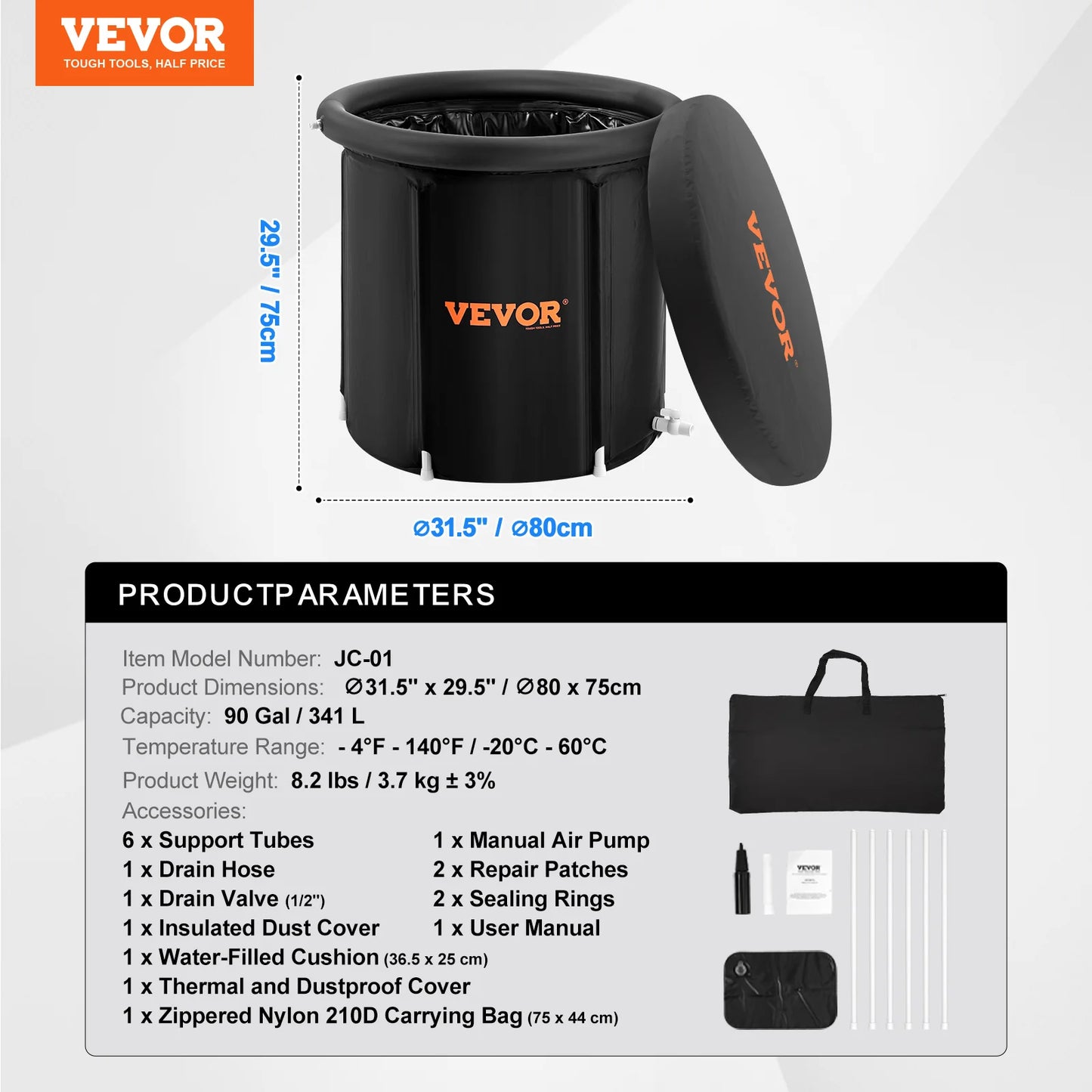 VEVOR Ice Bath Tub Cold Water Therapy Plunge Tub for Athletes Portable Outdoor Ice Barrel Plunge Pool Inflatable Folding Bathtub