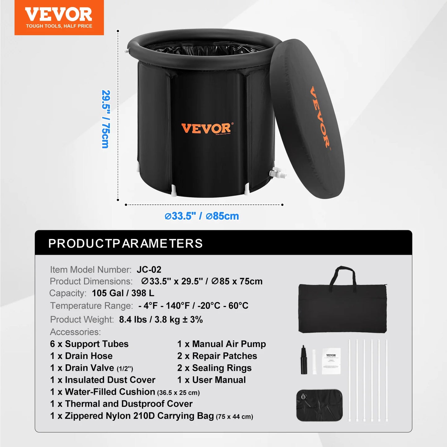 VEVOR Ice Bath Tub Cold Water Therapy Plunge Tub for Athletes Portable Outdoor Ice Barrel Plunge Pool Inflatable Folding Bathtub