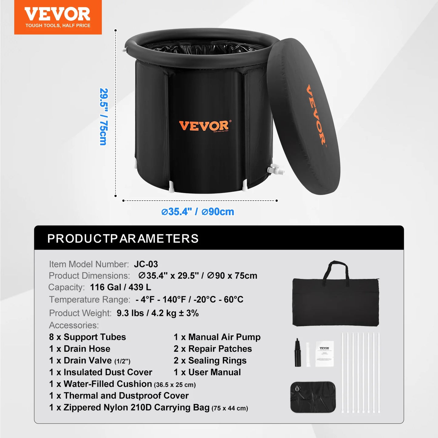 VEVOR Ice Bath Tub Cold Water Therapy Plunge Tub for Athletes Portable Outdoor Ice Barrel Plunge Pool Inflatable Folding Bathtub